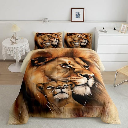 Erosebridal Lion Comforter Set, Brown Bedding Set Queen Size, African Savannah Safari Wildlife Animals Down Comforter, Couple Theme Duvet Set for Bedroom Living Room Decorative