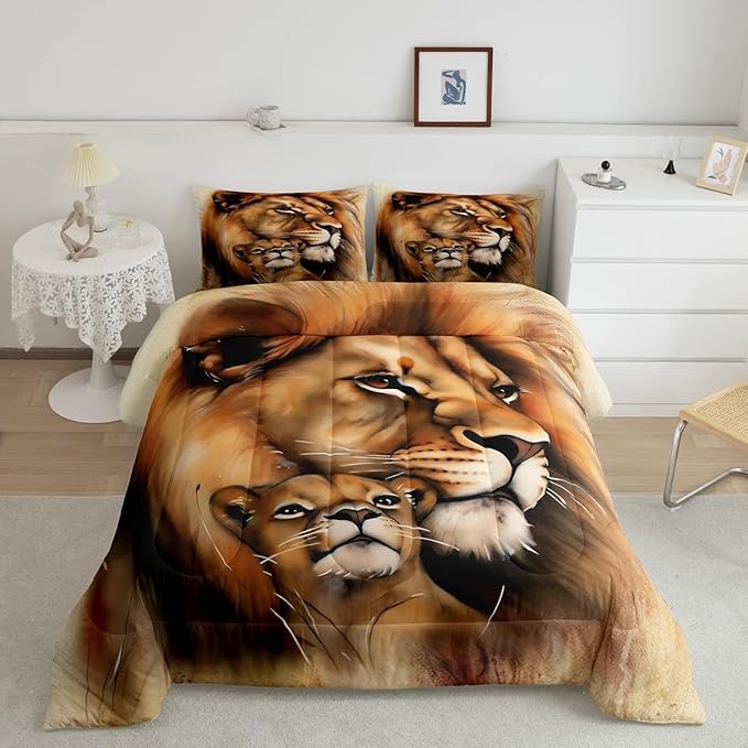 Erosebridal Lion Comforter Set, Brown Bedding Set Twin Size, African Savannah Safari Wildlife Animals Down Comforter, Couple Theme Duvet Set for Bedroom Living Room Decorative