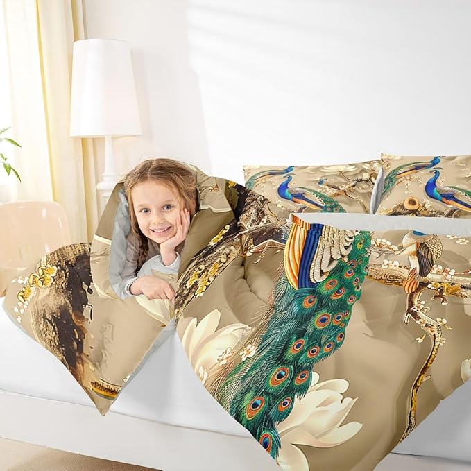 Feelyou Peacock Comforter Peacock with Floral Bedding Set for Kids Adults Girls Animals Comforter Set Botanical Quilt Set 1 Comforter Set with 2 Pillowcases Full Size