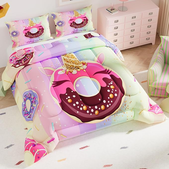 Pink Unicorn Comforter Set, 3D Pattern for Kids Teens Adults,Decorative Bedding Comforter Sets with 2 Pillow Shams, Queen Size