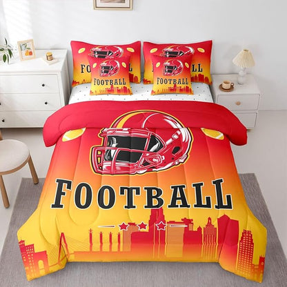 Erosebridal American Soccer Comforter Set with Sheets Queen Boys Football Fans 7 Pcs Bedding Set American Rugby Sports Bed in A Bag for Kids Teen Adults,City Silhouette Ball Games Bed Set