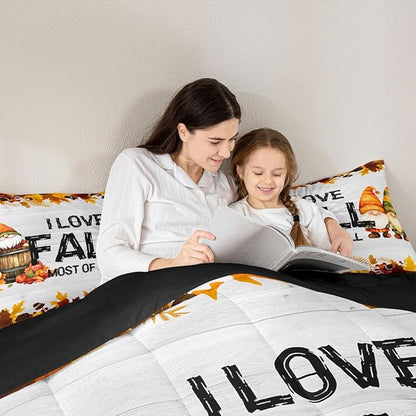Gnomes Pumpkin Bedding Set Rustic Farmhouse Fall Theme Comforter Set Queen Size Thanksgiving Harvest Season Quilt Bedding Maple Leaf Pinecone Decor Bed Duvet Soft Lightweight Bedroom Decor