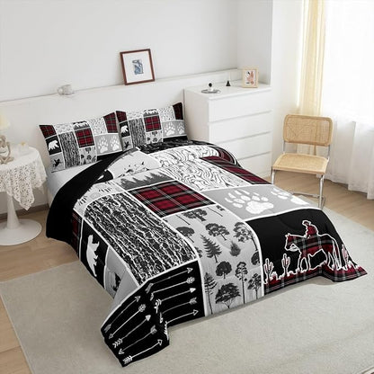 Erosebridal Western Cowboy Comforter Set Queen,Rustic Farmhouse Bedding Set Western Bedroom Decor,Hunting Bear Horse Duvet Insert,Dream Catcher Arrow Wildlife Print Quilt Buffalo Plaid Decor,Red