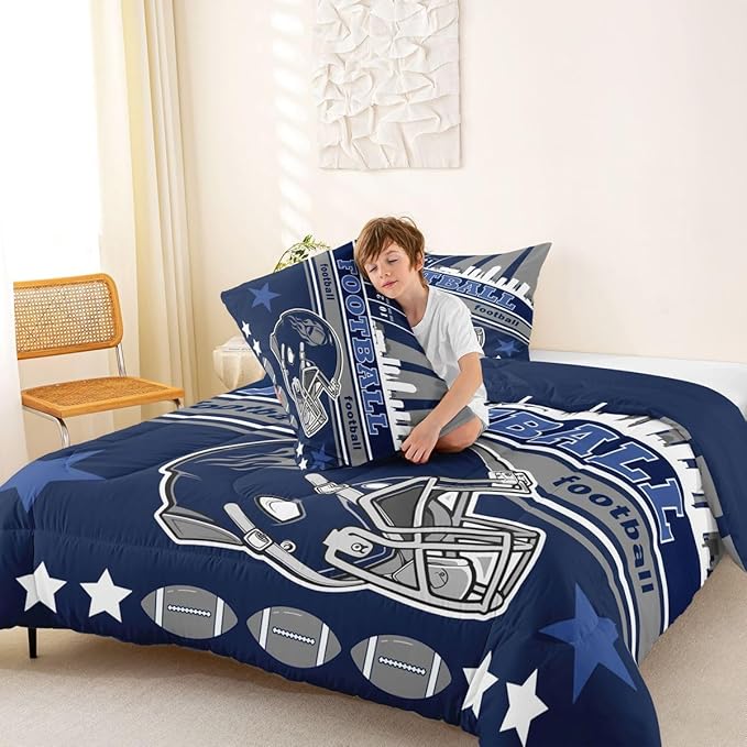 Feelyou Football Bedding Set Boys Girls King Size Rugby Sports Comforter Set Women Men Football City Duvet Quilt Gray Blue Blue Decor Breathable Soft Microfiber Lightweight