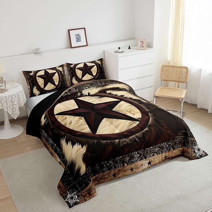 Rustic Cow Print Bedding Sets Queen,Vintage Western Texas Star Comforter Set for Women Men,Cowhide Bull Cattle Fur Duvet Insert Home Room Decor,Farm Animal Down Comforter with 2 Pillow Shams Warm