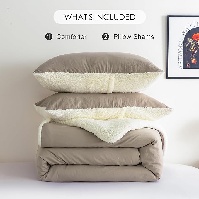 COTTEBED Reversible Sherpa Bed Comforter Queen Set - Lightweight But Warmth Softness Shabby Comforter Set for Full Size Bedding, 3 Piece Fluffy Western Farmhouse Down Comforter Winter, Beige and White
