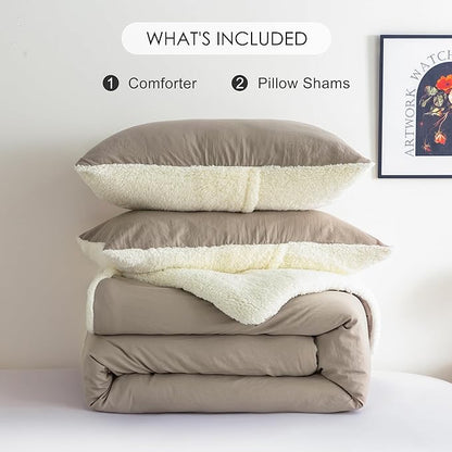 COTTEBED Reversible Sherpa Bed Comforter Queen Set - Lightweight But Warmth Softness Shabby Comforter Set for Full Size Bedding, 3 Piece Fluffy Western Farmhouse Down Comforter Winter, Beige and White