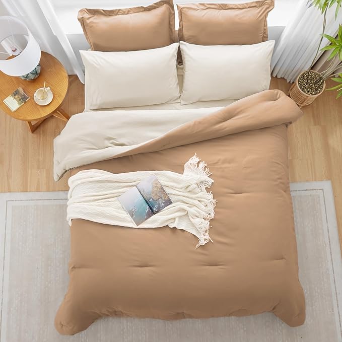 Full Size Comforter Sets Khaki Reversible Bedding Set, 7 Pieces Soft Bed in a Bag Full with Comforter, Sheets, Pillowcases & Shams, All Season Boho Bedding Sets Full