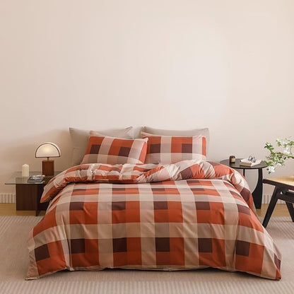 Houseri Red Plaid Comforter Set California King Vintage Grid Bedding Sets
