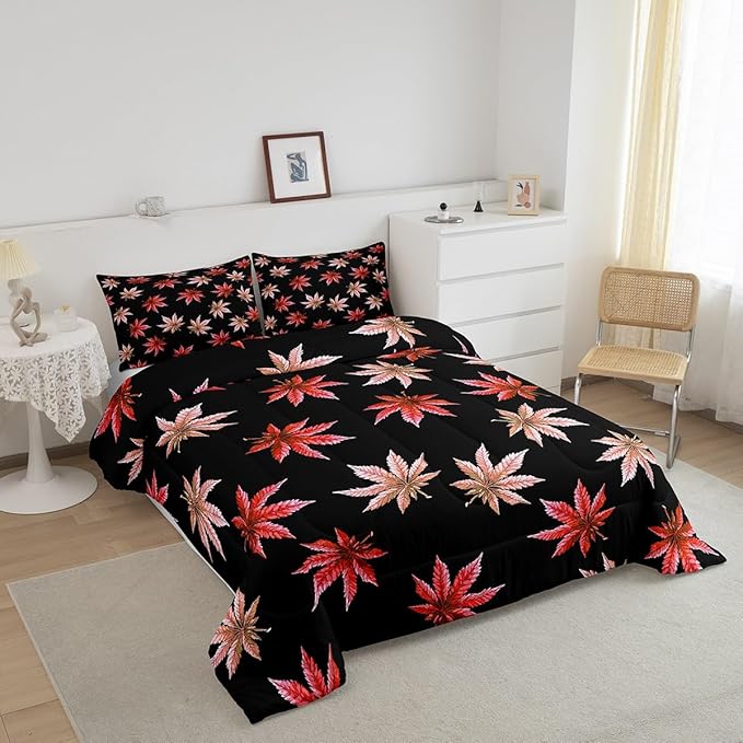 Erosebridal Red Leaves Comforter Set King, Leaves Bedding for Women Adults,Tropical Botanical Bedding Comforter Sets,Exotic Plant Down Comforter with 2 Pillow Cases