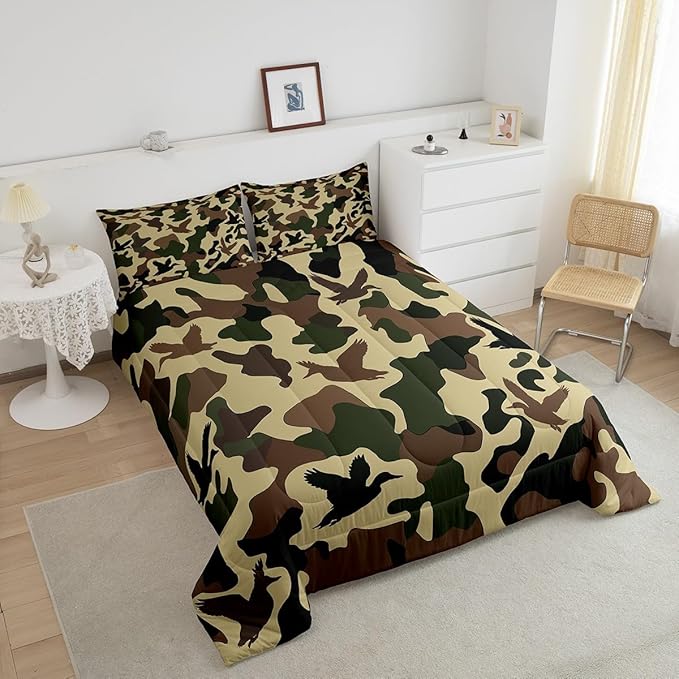 Erosebridal Farmhouse Comforter Set Full Size Camo Bedding for Kids Army Camouflage Hunting Bedding Comforter Sets Vintage Brown Green Room Decor Wild Animal Duck Rustic Duvet Insert