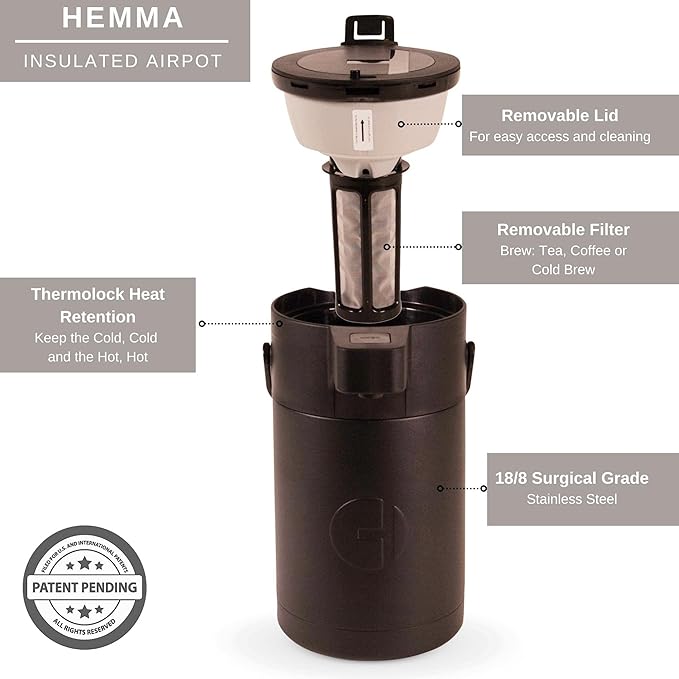 Hastings Collective Airpot Coffee Dispenser with Pump 2.5 Liter - Insulated Stainless Steel Thermal Coffee Carafe 12 Hour Hot/24 Hour Cold - Hot Beverage Dispenser for Water Coffee Tea (Black)
