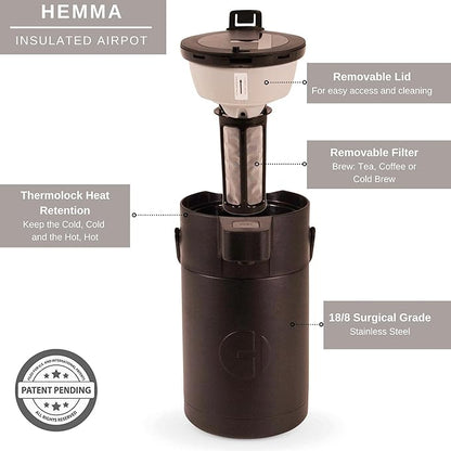 Hastings Collective Airpot Coffee Dispenser with Pump 2.5 Liter - Insulated Stainless Steel Thermal Coffee Carafe 12 Hour Hot/24 Hour Cold - Hot Beverage Dispenser for Water Coffee Tea (Black)