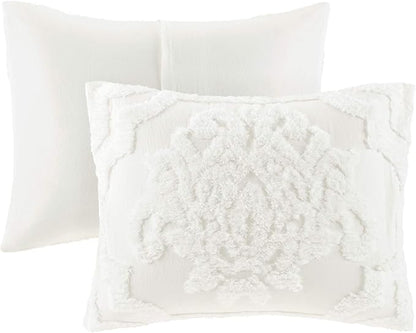 Madison Park Tufted Chenille Cotton Comforter, All Season Bedding Set, Matching Shams, Viola, Damask Off White Full/Queen(90"x90") 3 Piece