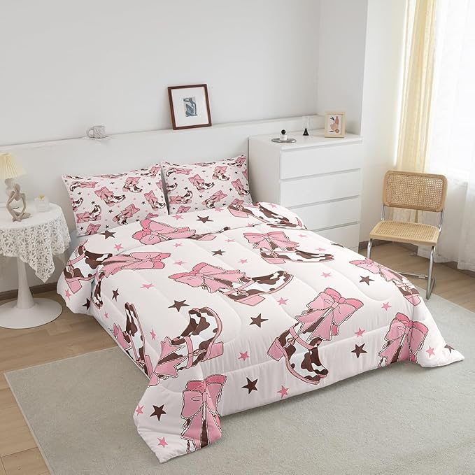 Feelyou Pink Western Bedding Set Cowgirl Cowboy Boots Comforter Set for Kids Boys Girls Teens Room Decor Cute Bowknot Dreamy Princess Style Comforter King Size Stars Print Duvet Set 3Pcs
