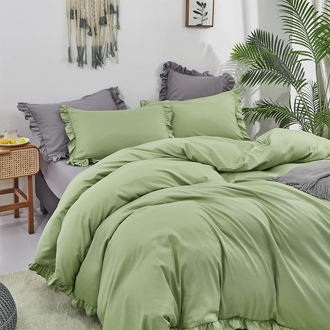CLOTHKNOW Green Ruffle Comforter Twin/Twin XL Sage Green Bedding Comforter Sets Farmhouse Shabby Chic Comforter Set Vintage Rustic Soft