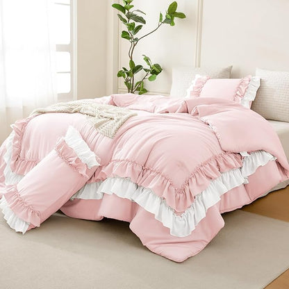 Masaca Pink Comforter Set Queen,Farmhouse Shabby Boho Chic Bedding White Ruffle Comforter Vintage Rustic French Country Bedding Set 3PCS (1 Ruffled Comforter and 2 Pillowcases)
