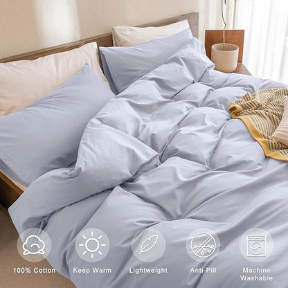 CozyTide Cotton Queen Comforter Set,Light Blue Soft Fluffy Bedding Comforter & Set,3 Pieces Lightweight Fluffy Aesthetic Boho Queen Bedding Set