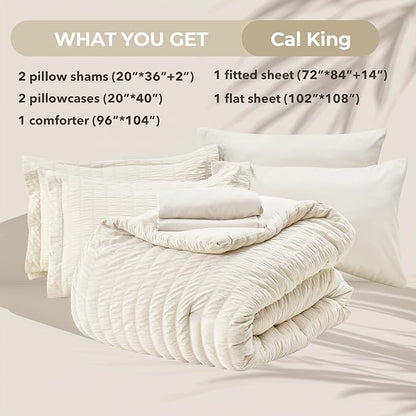 HYMOKEGE Ivory California King Comforter Set Seersucker 7 Pieces, All Season Luxury Bed in a Bag for Bedroom, Bedding Set with Comforters, Sheets, Pillowcases & Shams