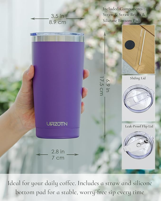 Travel Coffee Tumbler 20oz, Leakproof Travel Coffee Mug with Dual Lids and Straw, Stainless Steel Double Wall Vacuum Insulated Tumbler for Hot/Iced Drinks (Purple, Textured Matte)