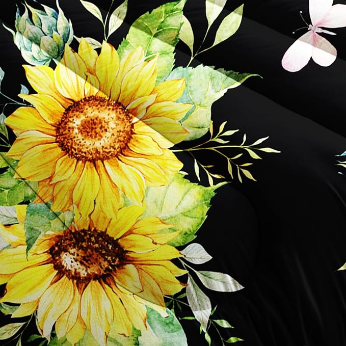 Black 3 Piece Sunflower Comforter Sets Full Size, Farmhouse Floral Bedding Set for Girls Boys Adults,3 Piece Bed in A Bag, Ultra Soft Microfiber All Season Yellow Flower Bedding Set