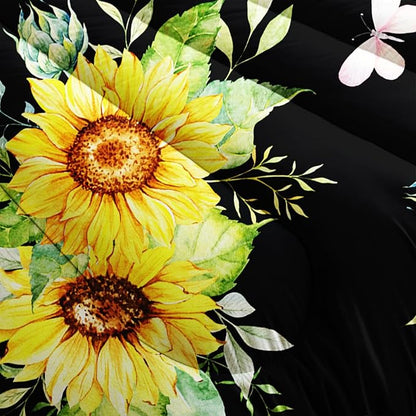 Black 3 Piece Sunflower Comforter Sets Full Size, Farmhouse Floral Bedding Set for Girls Boys Adults,3 Piece Bed in A Bag, Ultra Soft Microfiber All Season Yellow Flower Bedding Set