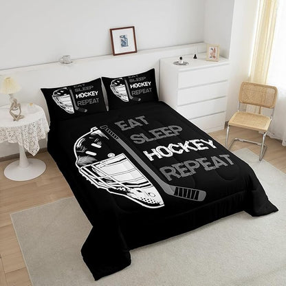 Erosebridal Ice Hockey Queen Comforter Set,Winter Sports Bedding for Teens Adult,Grey Eat Sleep Hockey Sketch Quilt Inner Fill,Boys Ball Game Duvet Insert with 2 Pillowcases for All Season Use