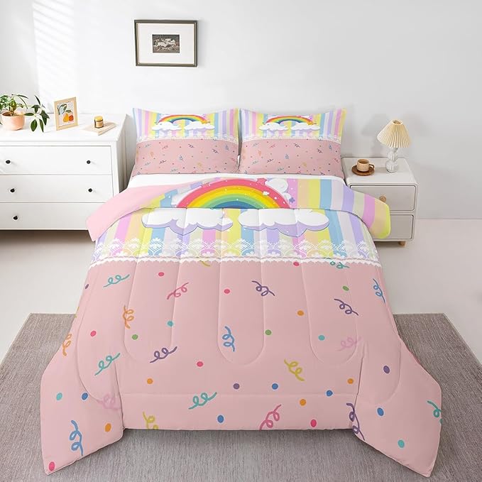 Cute Rainbow Kids Comforter Set Queen Size,Colorful Dots Stripes Kawaii Sketch Reversible Bedding Set for Boys Girls,Cartoon Style White Lace Print Luxury Bed Duvet Insert, 2 Pillowcases