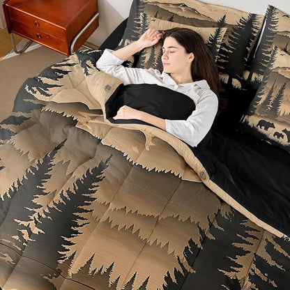 Erosebridal Full Size Rustic Cabin Lodge Bedding Set 7 Pieces | Bear Comforter Set with Sheets for Kids Boys Girls Forest Hunting Bear Bed in A Bag with Flat Fitted Sheets Pine Tree Woodland Quilt