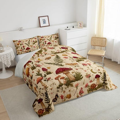Erosebridal Wild Mushroom Butterfly Flower Bedding Set, Boho Mushroom Moth Comforter Set Toddler for Kids Girls Boys Teens Adults, Spring Blossom Comforter, Natural Wild Fungus Quilt 2 Piece