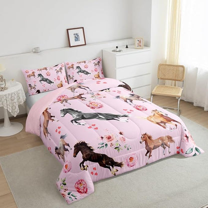Erosebridal Horse Comforter Set King for Cowboy Cowgirl,Pink Rose Petal Bedding Set for Youth Adult,Rustic Horse Quilt for Bedroom Decor,Western Farmhouse Wildlife Down Comforter with 2 Pillowcases