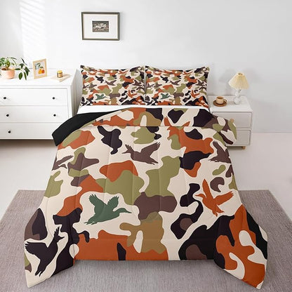 Erosebridal Camouflage Comforter Set Queen Size Camo Bedding for Kids Hunting Farmhouse Camping Comforter Vintage Green Army Room Decor Wild Duck Rustic Animal Duvet Set
