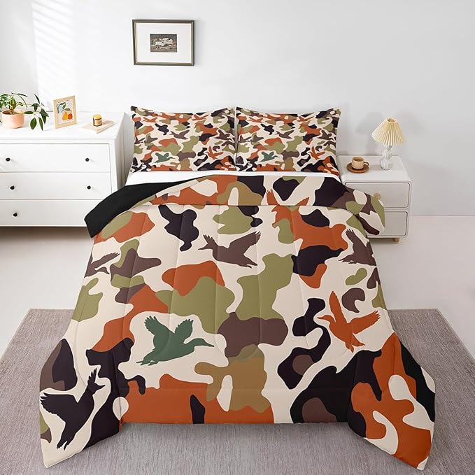 Erosebridal Camouflage Comforter Set Toddler Size Camo Bedding for Kids Hunting Farmhouse Camping Comforter Vintage Green Army Room Decor Wild Duck Rustic Animal Duvet Set