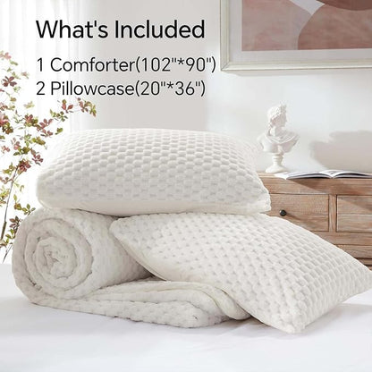 BEDELITE Fluffy King Size Comforter Set - Cream White Fleece Soft Comforter for King Size Bed, Luxury Warm Bedding Set for Winter, Fuzzy Bed Set 3 Pieces (1 Comforter, 2 Pillowcases)
