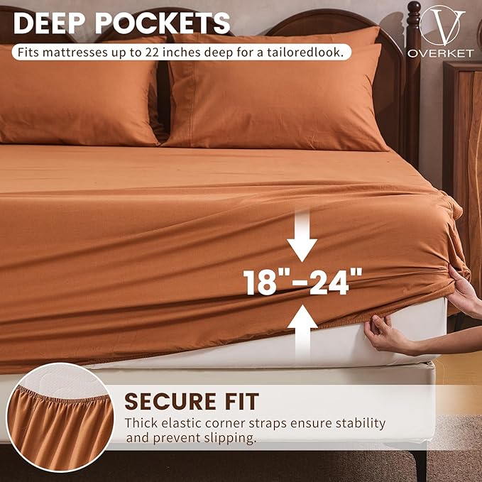100% Linen Sheet Set King Size Extra Deep Pocket Fits 18-24 Inch Mattress, Breathable & Soft, Smooth 6-Piece Set for Thick Mattresses Hotel Luxury Bedding（King, Brown）