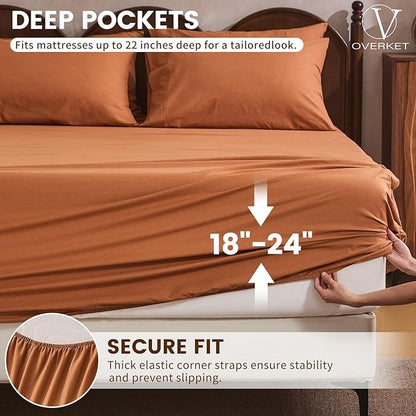 100% Linen Sheet Set King Size Extra Deep Pocket Fits 18-24 Inch Mattress, Breathable & Soft, Smooth 6-Piece Set for Thick Mattresses Hotel Luxury Bedding（King, Brown）