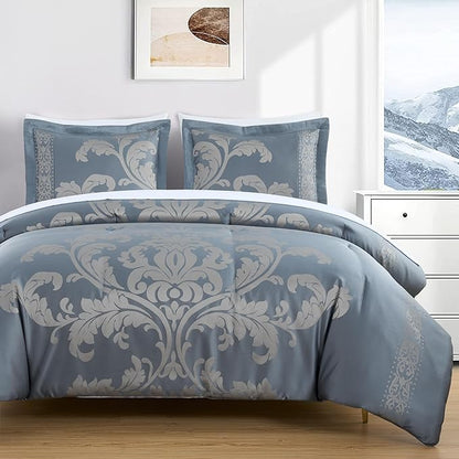 Chezmoi Collection Valor 7-Piece King Bed in a Bag, Grayish Blue/Gray Luxury Jacquard Floral Comforter with Sheets Set for All Season