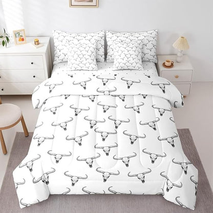 Erosebridal Bull Skull 7 Piece Comforter Set Queen Ethnic Bohemian Bedding for Men Boys | Tribal Steer Skull Wildlife Aztec Bedroom Decor Farmhouse Cabin Lodge Sheet Set with Comforter,Black White