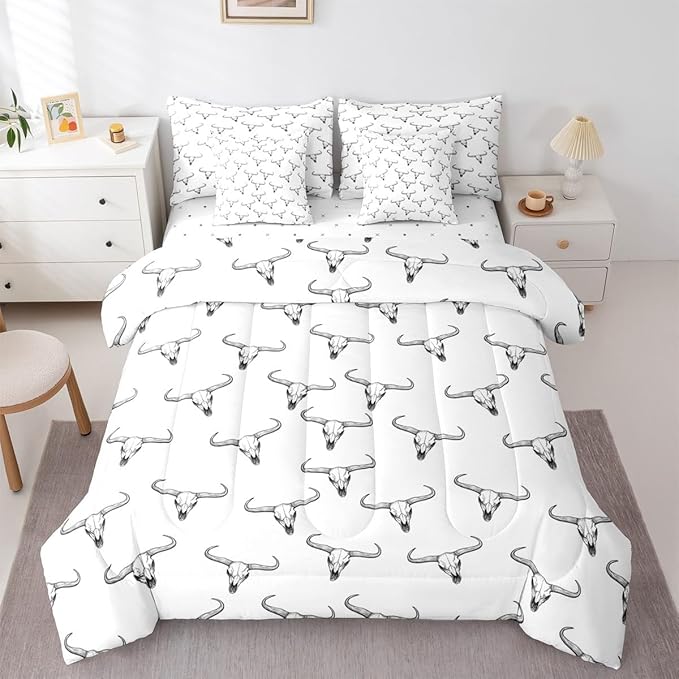 Erosebridal Bull Skull 7 Piece Comforter Set King Ethnic Bohemian Bedding for Men Boys | Tribal Steer Skull Wildlife Aztec Bedroom Decor Farmhouse Cabin Lodge Sheet Set with Comforter,Black White