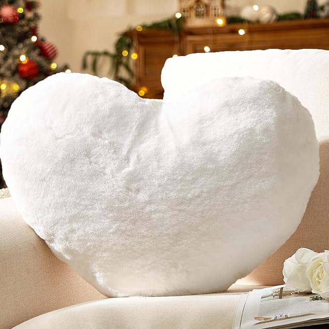 YRXRUS Valentines Heart Pillows, Love Heart Shaped Pillow, White Cute Heart Pillow for Gifts, Shaped Throw Pillows for Her, Kids, Women, Girls Home Decoration, Faux Rabbit Fur 10X11 Inch