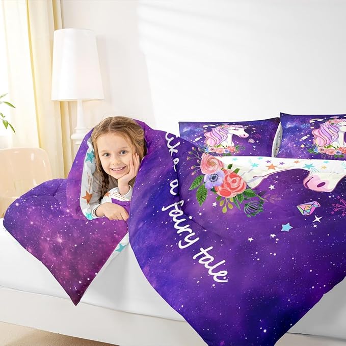 Unicorn Gifts for Girls,Kawaii Comforter Set Glitter Galaxy Bedding Set for Kids Toddler,Cartoon Magical Animal Duvet Insert Cute Horse Quilt Twin,Purple Unicorn Room Decor for Girls Bedroom