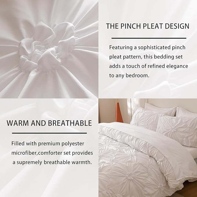 White Twin Comforter Set - 7 Pieces Bed in a Bag, Premium Comforters Twin Size Bed Set Pintuck Pinch Pleat Complete Comforter Set with Flat Sheet, Fitted Sheet and Pillowcases,White