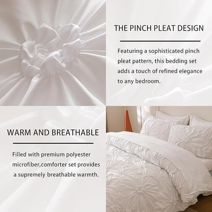 White Twin Comforter Set - 7 Pieces Bed in a Bag, Premium Comforters Twin Size Bed Set Pintuck Pinch Pleat Complete Comforter Set with Flat Sheet, Fitted Sheet and Pillowcases,White