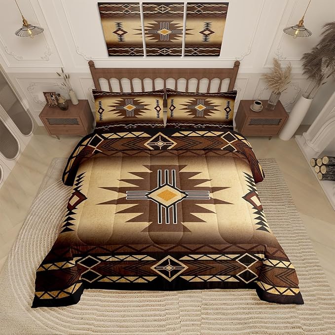 Southwest Comforter Sets Queen Size,Western Aztec Tribal Pattern Bedding Set Retro Stripe Quilt Set for Teens Woman Men Adult Room Decor,Rustic Country Brown Duvet Insert,2 Pillowcases