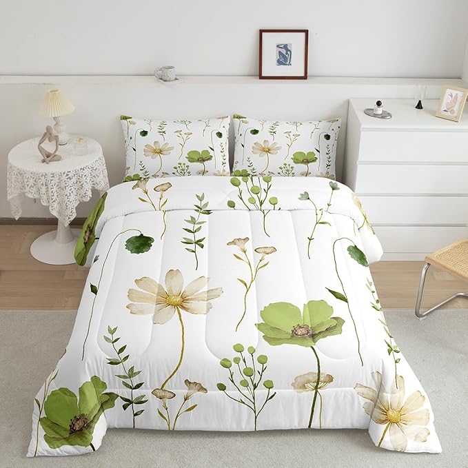Erosebridal Watercolor Flower Comforter Set Twin, Olive Green Beige Floral Bedding Set for Kids Teens Adult Women, Modern Minimalist White Quilt Branches Pastoral Duvet Insert with 1 Pillow Case
