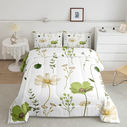 Erosebridal Watercolor Flower Comforter Set Twin, Olive Green Beige Floral Bedding Set for Kids Teens Adult Women, Modern Minimalist White Quilt Branches Pastoral Duvet Insert with 1 Pillow Case