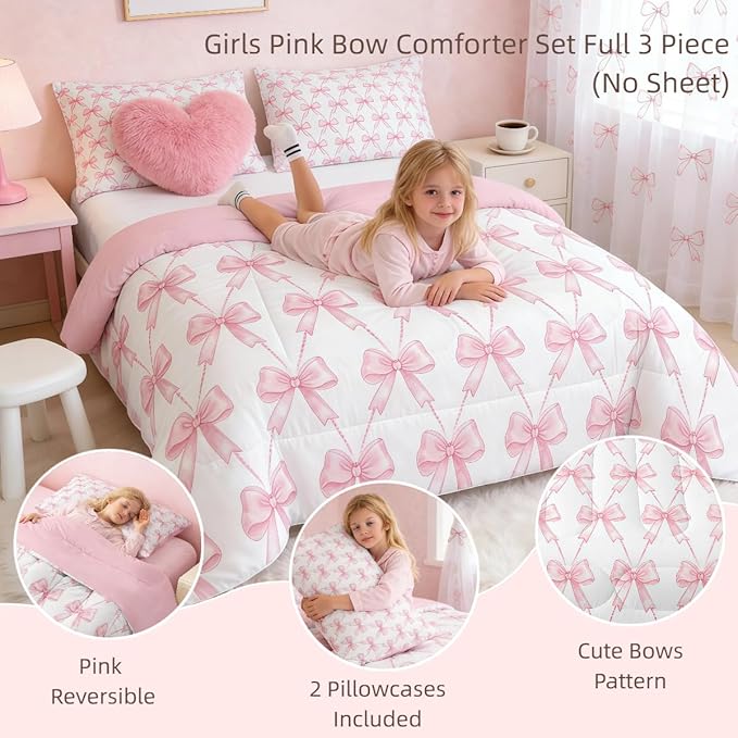 Feelyou Pink Bow Comforter Set Full Size, Pink Bow Bedding Set for Girls, Coquette Bowknot Girls Comforter for Kids, Kawaii Dreamy Princess Style Room Decor, 2 Pillowcases