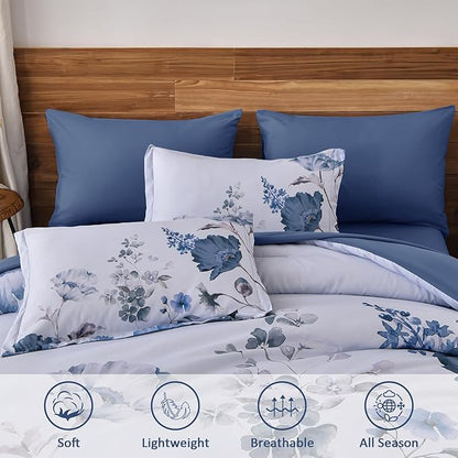 DJY Floral King Comforter Set - 7 Pieces Blue Floral Bed in a Bag with Flower Leaves Pattern, Soft Microfiber Botanical Comforter and Sheet Set, All Season Bedding Set (104''x90'')