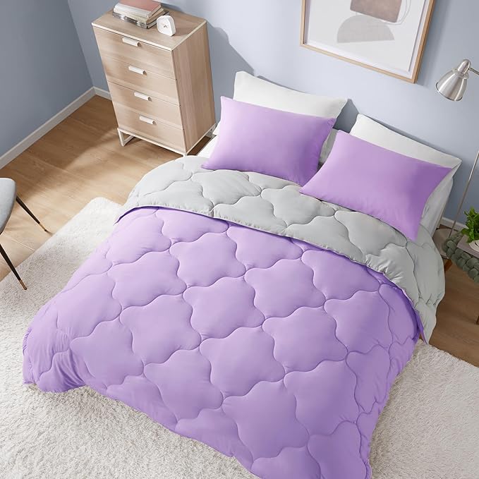 Comfort Spaces Vixie Reversible Comforter Set - Trendy Casual Geometric Quilted Cover, All Season Down Alternative Cozy Bedding, Matching Sham, Lavender/Gray, Full/Queen 3 piece
