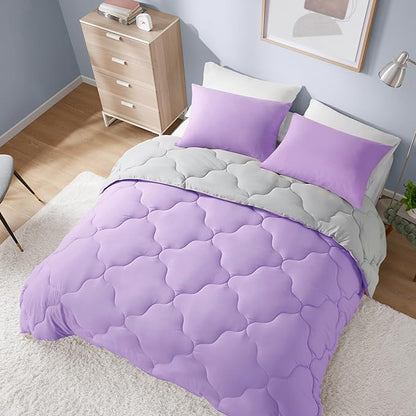 Comfort Spaces Vixie Reversible Comforter Set - Trendy Casual Geometric Quilted Cover, All Season Down Alternative Cozy Bedding, Matching Sham, Lavender/Gray, Full/Queen 3 piece